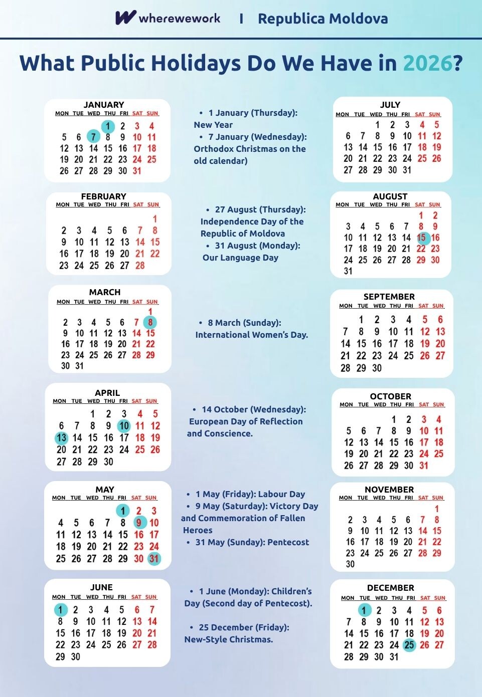 Public holidays 2026 Republic of Moldova