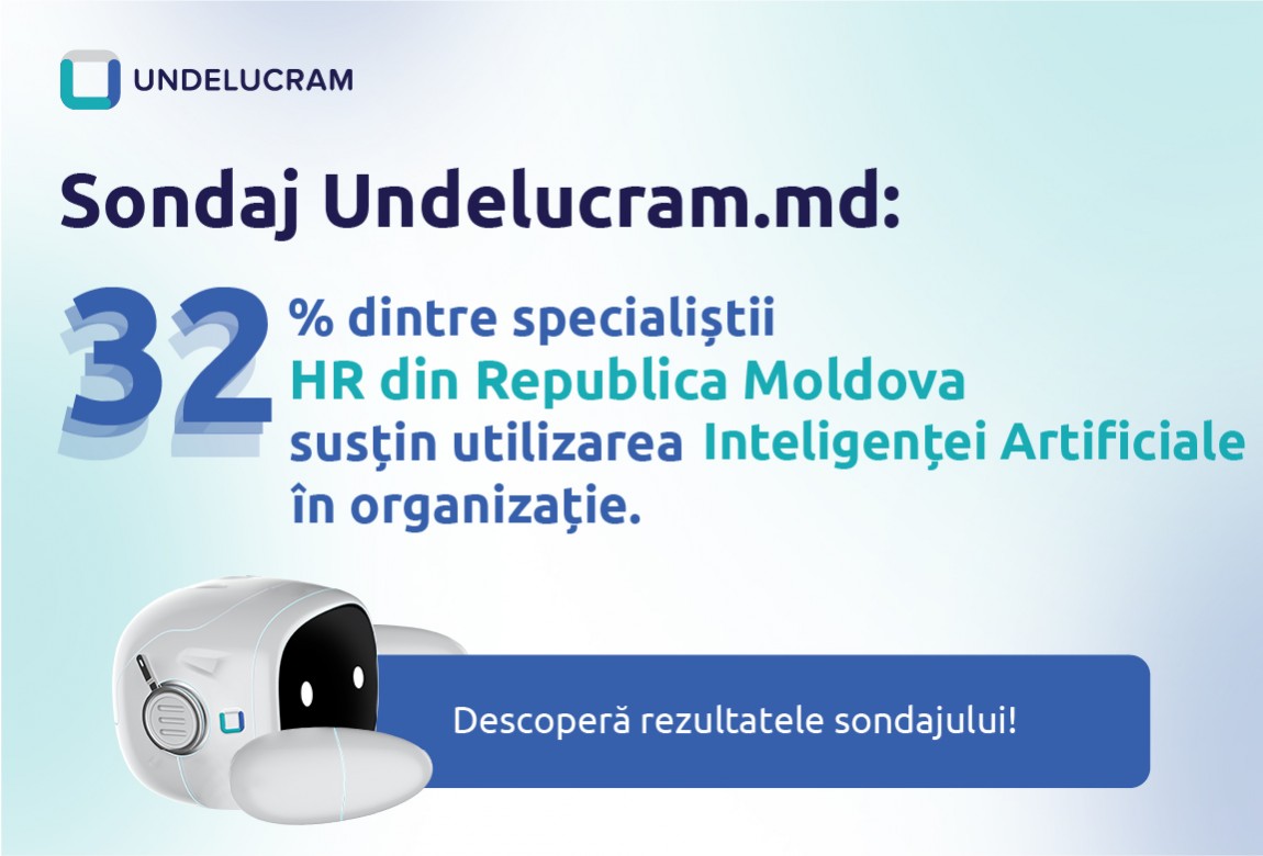 Sondaj regional Undelucram.ro: 32% dintre specialiștii HR din Republica Moldova sprijină utilizarea Inteligenței Artificiale în organizație. Sondaj regional Undelucram.ro: 32% dintre specialiștii HR din Republica Moldova sprijină utilizarea Inteligenței Artificiale în organizație.